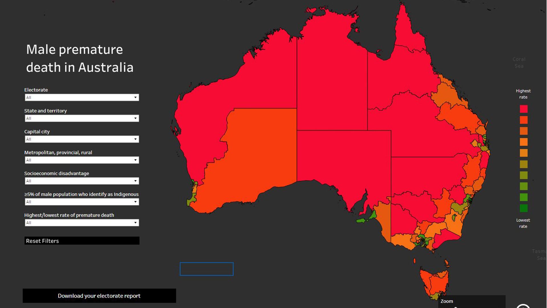 Map showing male premature mortality rates in Australia by electorate.