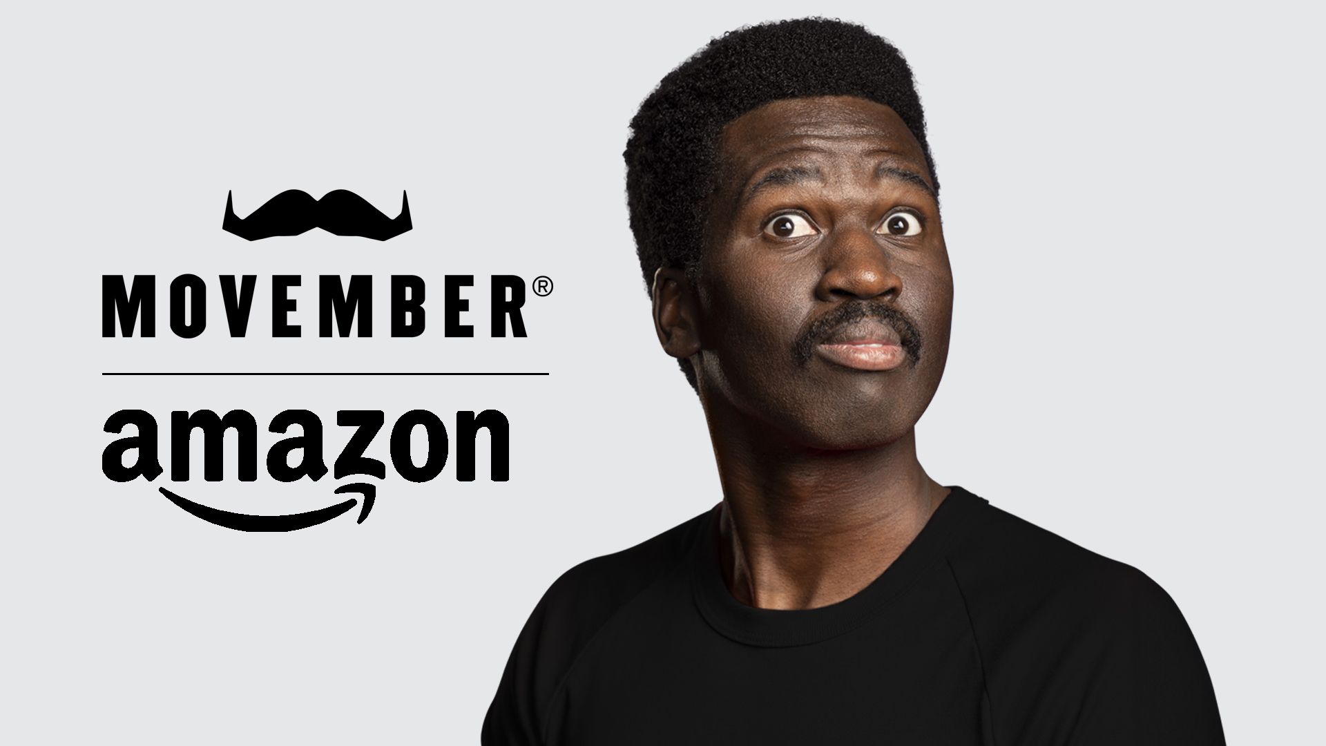 Stylised photo of a man with a superb moustache looking to camera. The words "Movember" and "Amazon" are superimposed over a starry background.